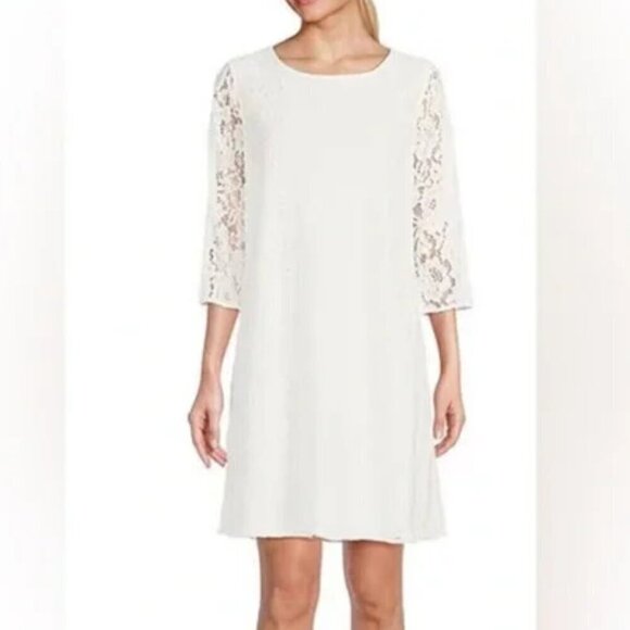 NWT Caroline Rose | Lace Round Neck 3/4 Sleeve Shift Dress Ivory | Size S - Picture 1 of 13